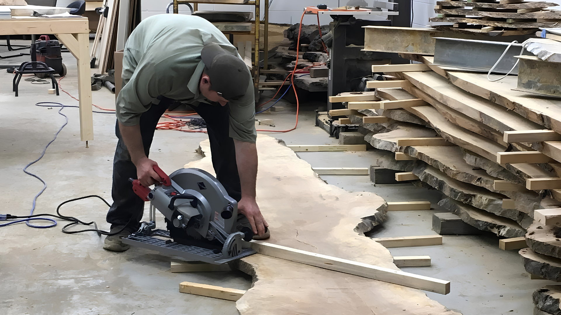 Person using a circular saw to cut a long wooden board in a workshop, with stacked lumber nearby