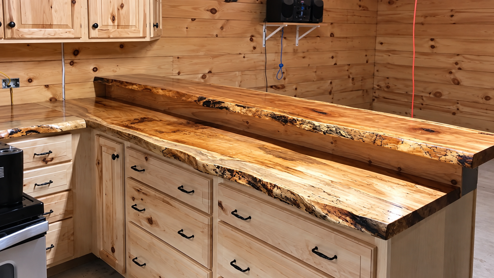 Wooden kitchen counters and cabinets in a rustic, unfinished room with exposed wood walls.