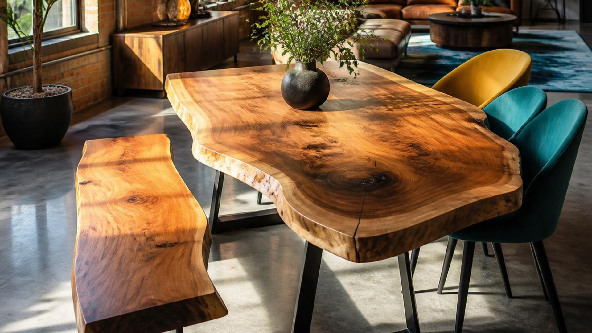 Rustic wood dining table and bench in a bright modern room with teal and yellow chairs