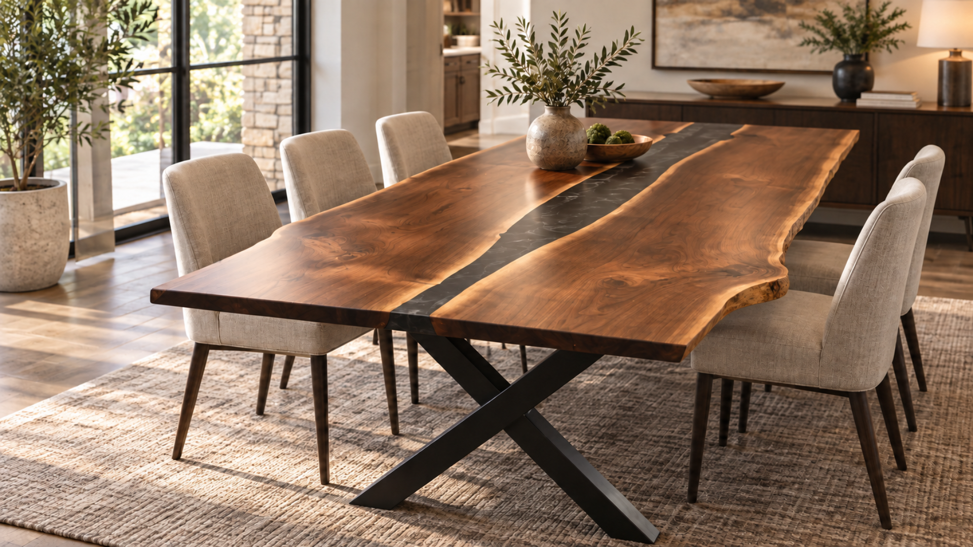 Modern dining table with wood top, black metal base, and beige upholstered chairs in a sunlit room