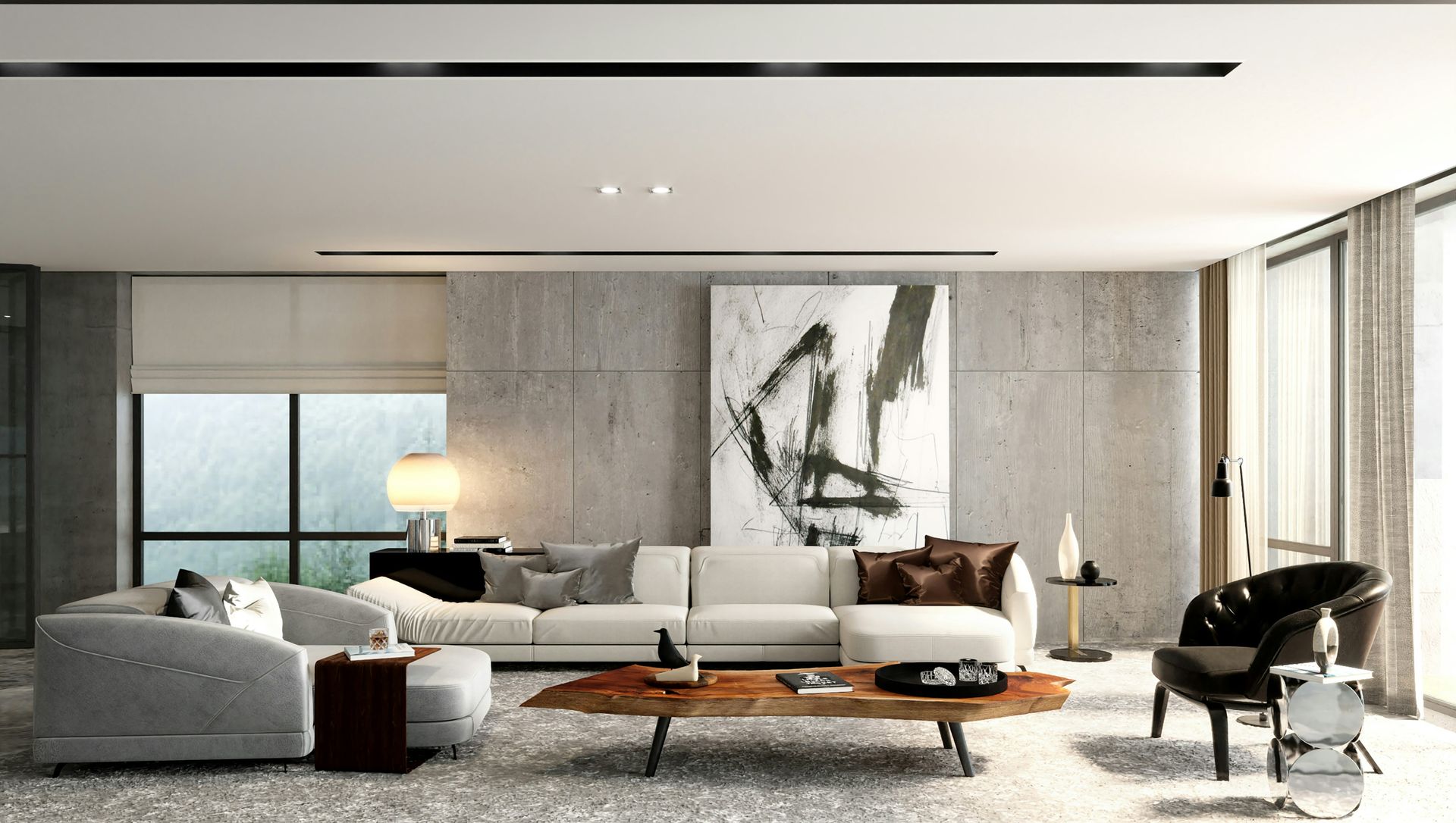 Modern living room with gray sectional, black armchair, coffee table, and large abstract wall art