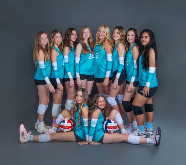 Volleyball team in teal uniforms posing in studio, with two players seated in front holding volleyballs