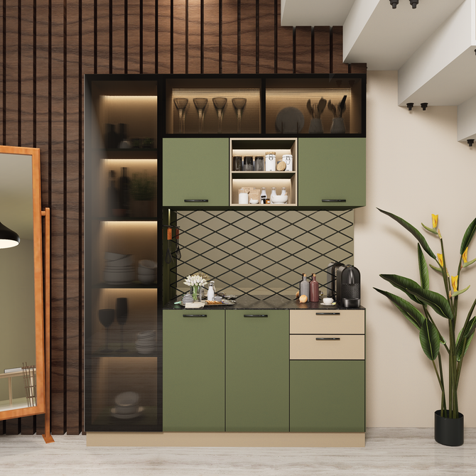 Modern kitchen nook with olive cabinets, patterned backsplash, glass shelving, and a potted plant