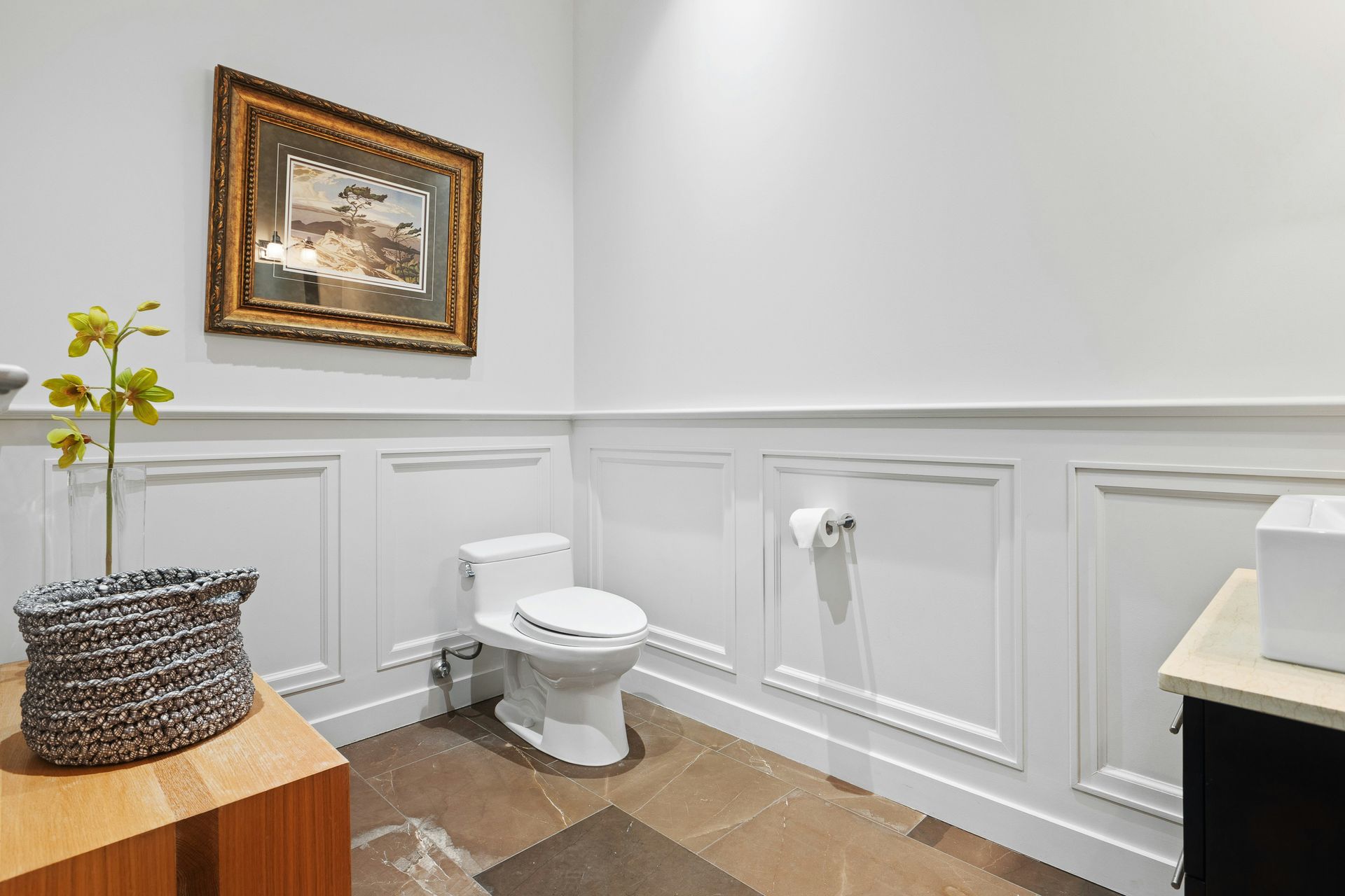 Elegant bathroom with white wainscoting, toilet, wall-mounted holder, and framed painting.