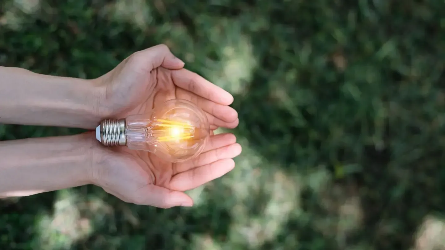 A person is holding a light bulb in their hands.