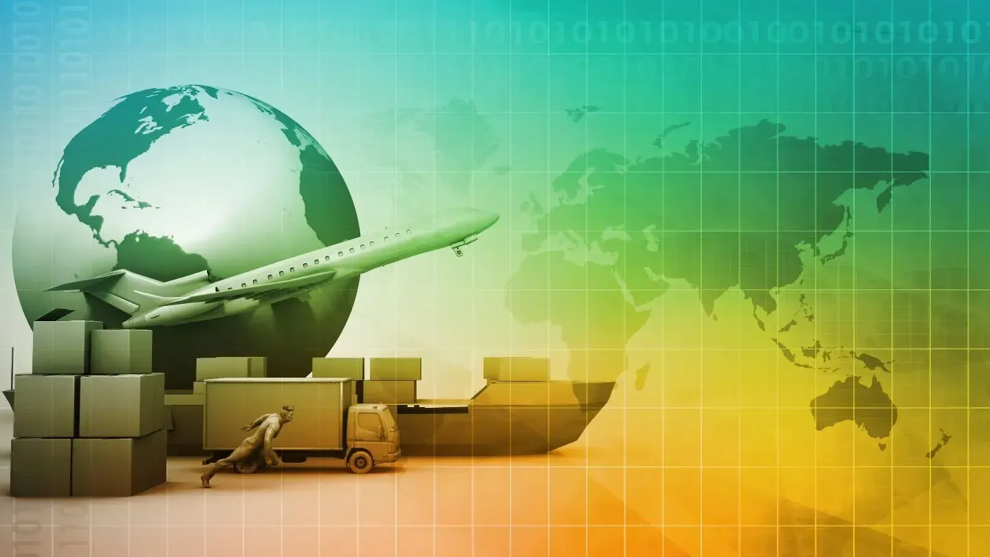 A plane is flying over a truck filled with boxes and a globe in the background.