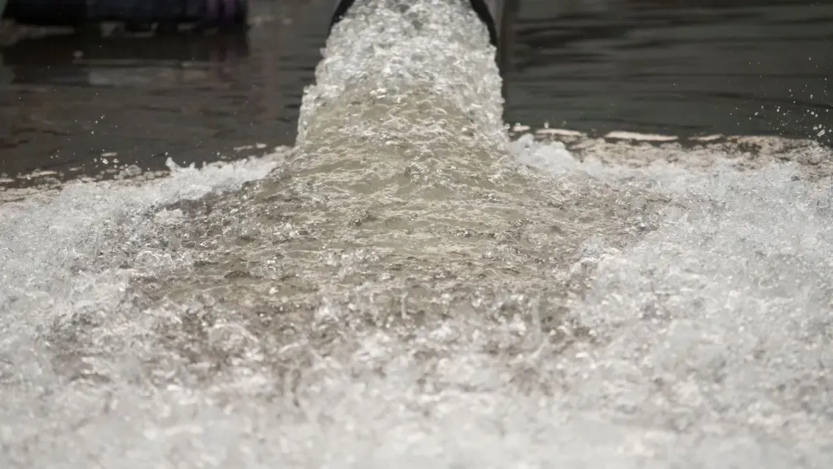 A close up of a hose spraying water into a puddle.