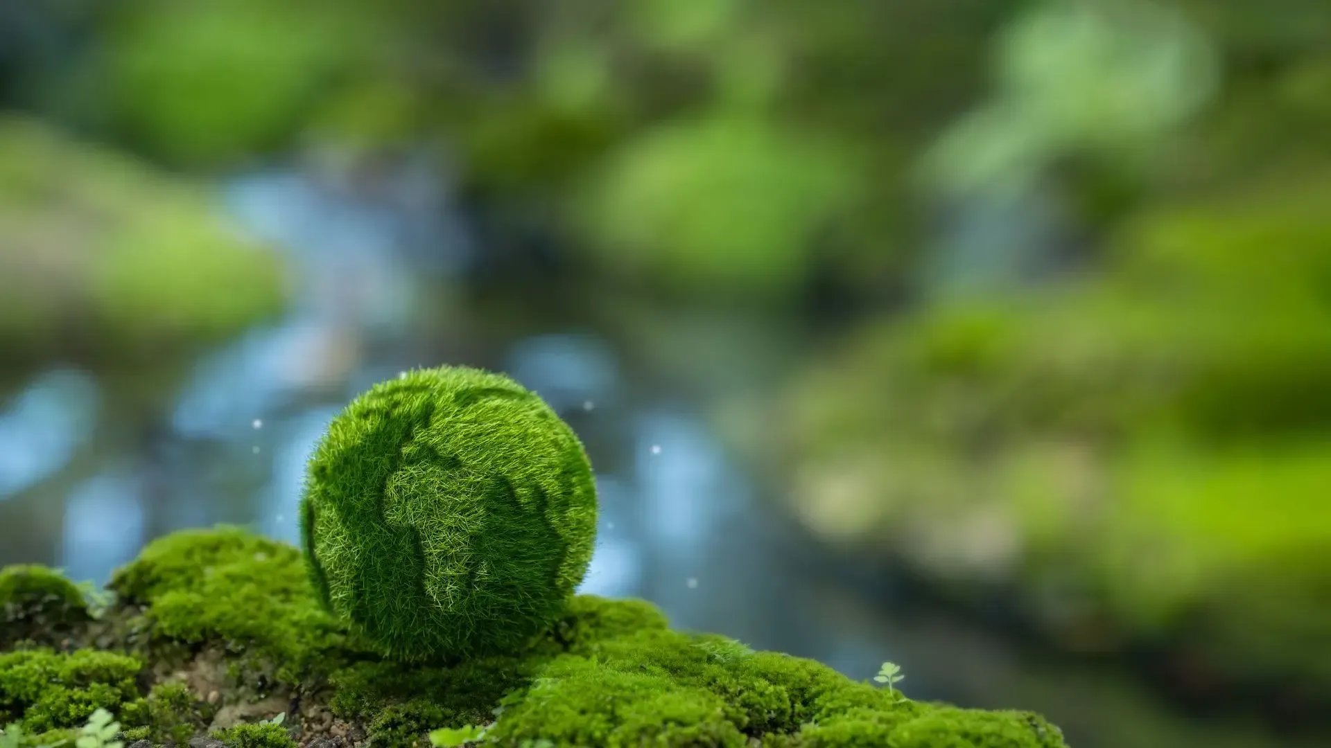 A globe-shaped object made of green moss, set on more green moss, with a blurred green background.