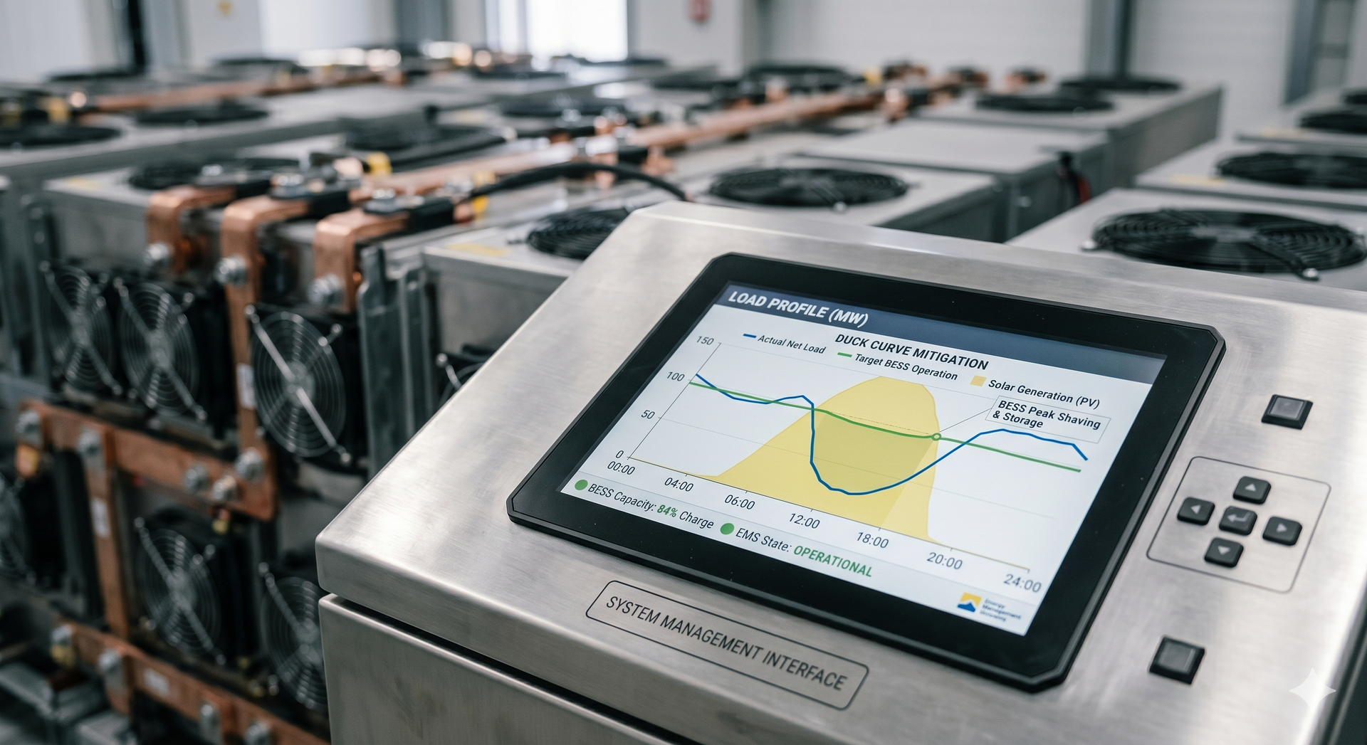 Industrial control panel displaying a chart beside rows of electronic equipment racks