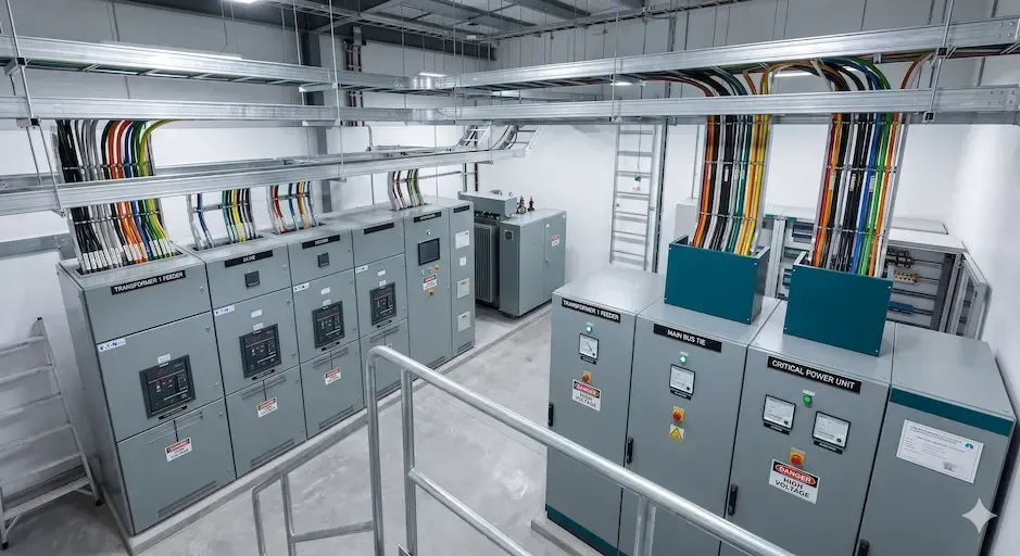 Electrical control room with gray and teal panels, wiring overhead, and metal railings.
