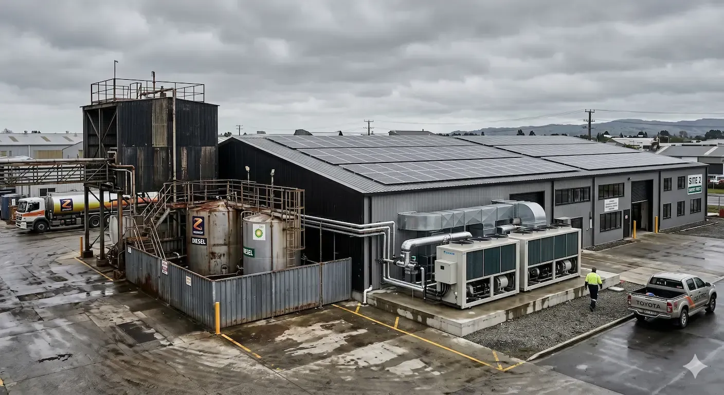 Industrial facility with large metal tanks, rooftop equipment, and a parked truck on a wet lot.