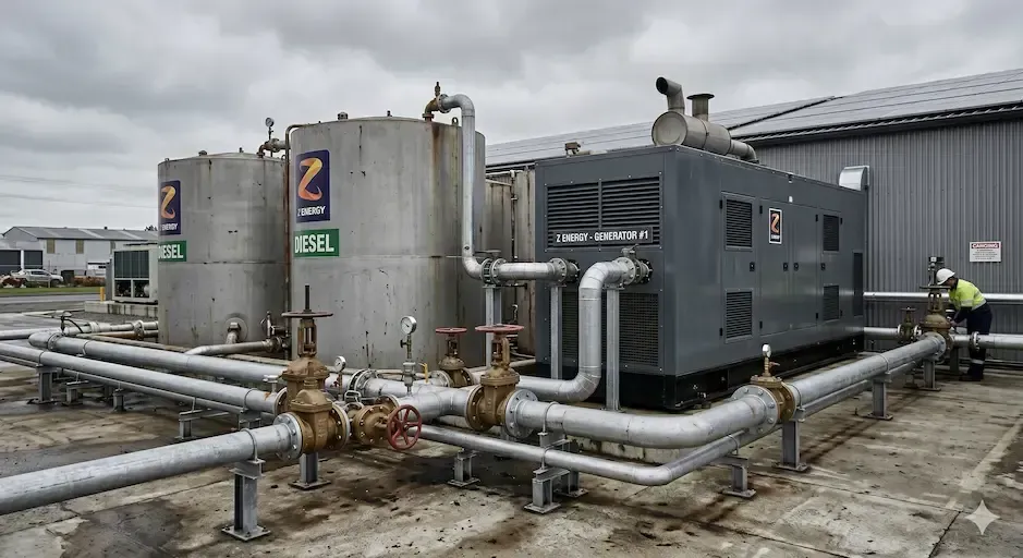 Industrial generator and pipes beside a large metal tank in a wet utility yard