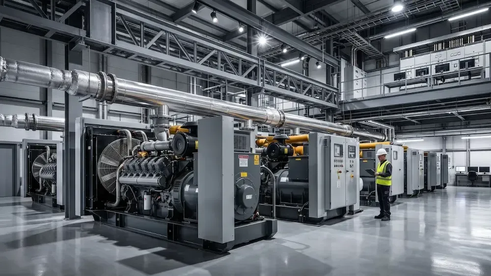 Industrial factory interior with large machinery, metal piping, and a worker in a high-visibility vest