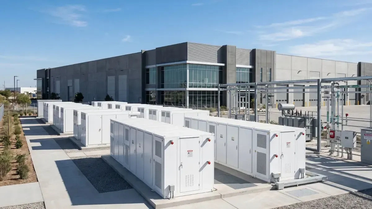 Industrial facility with large gray building and white container units in an open yard