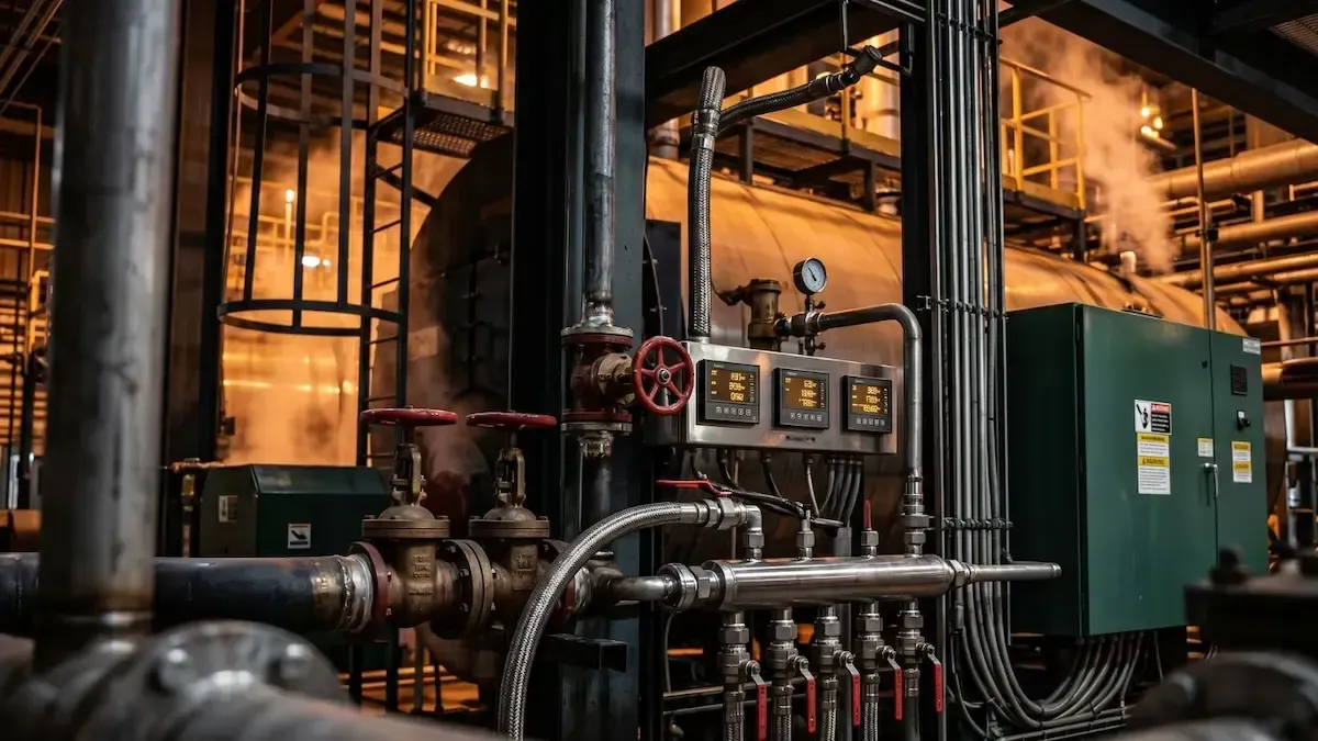 Industrial machinery with pipes and control panels in a dimly lit factory room