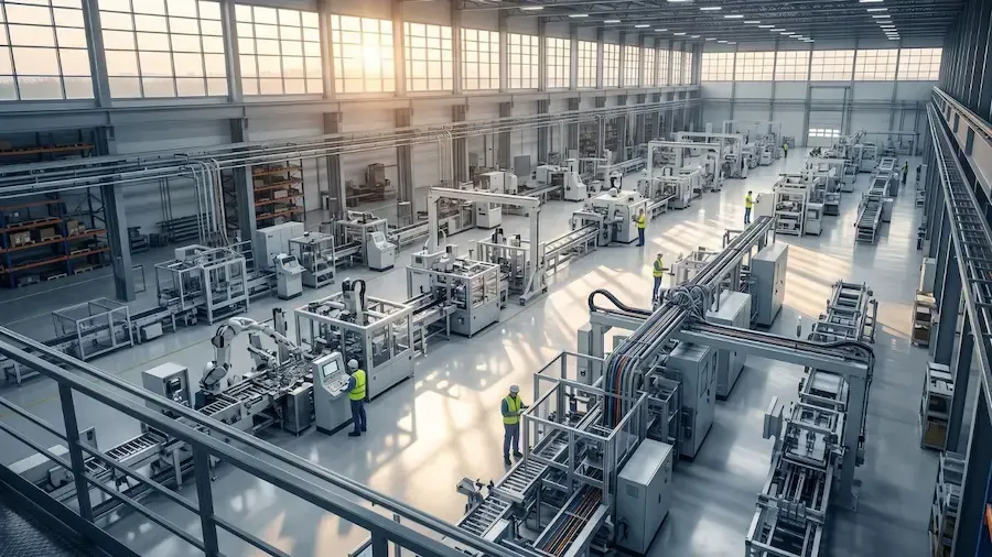 Large industrial factory interior with rows of machinery and bright sunlight streaming through high windows