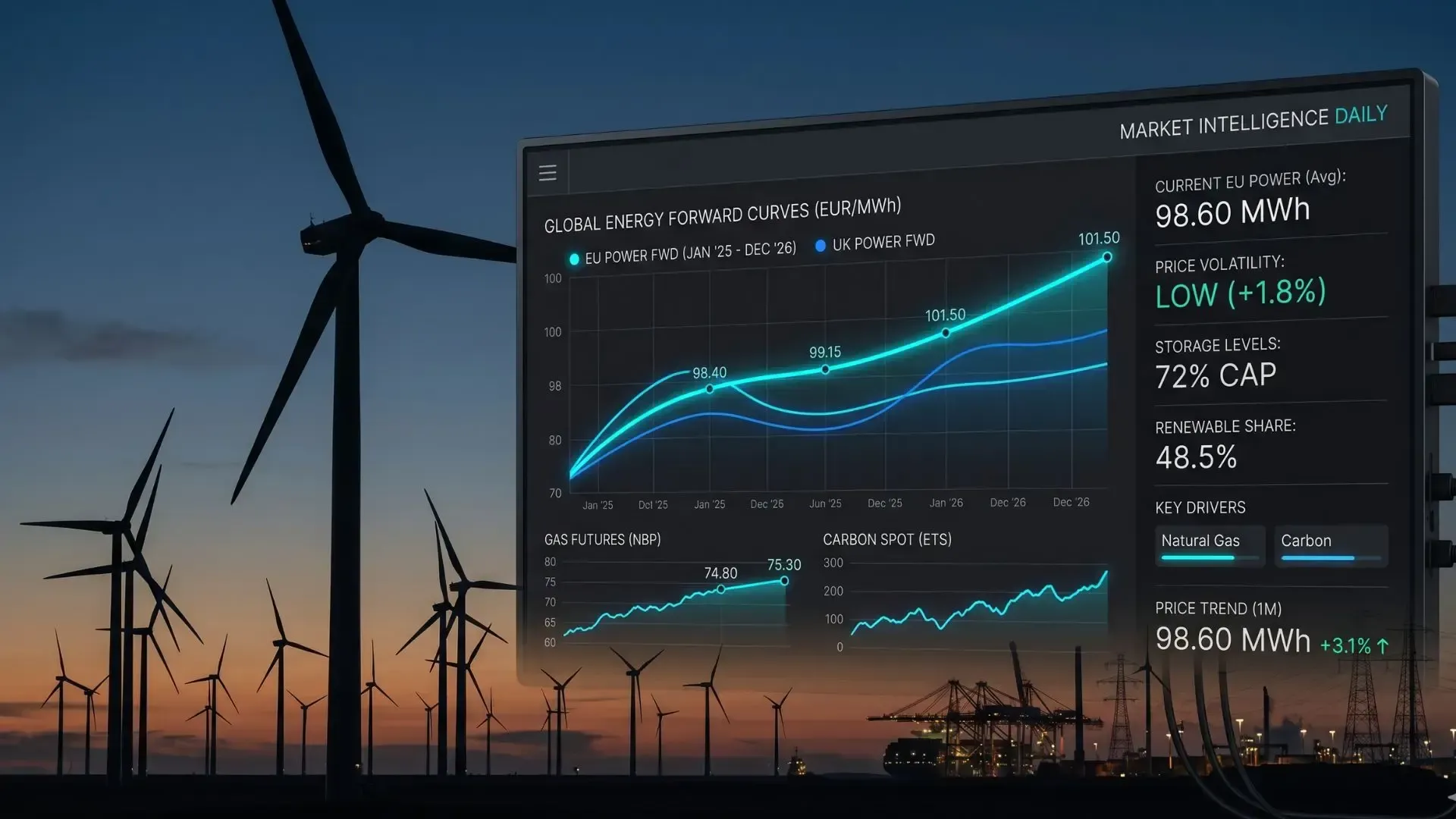 Wind turbines at sunset beside a glowing digital dashboard showing rising energy data charts.