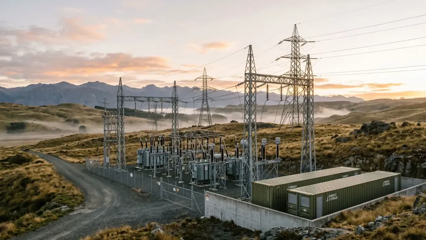 High-voltage electrical substation with power lines at sunrise in a rural landscape