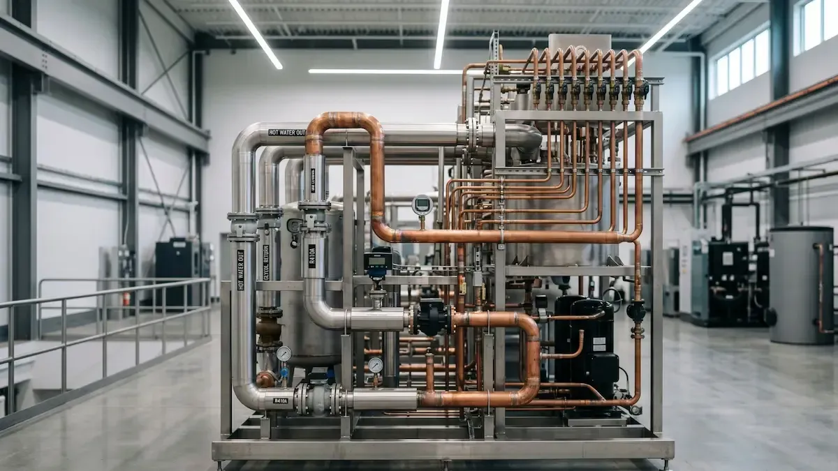 Industrial piping system with copper and silver pipes inside a clean factory facility