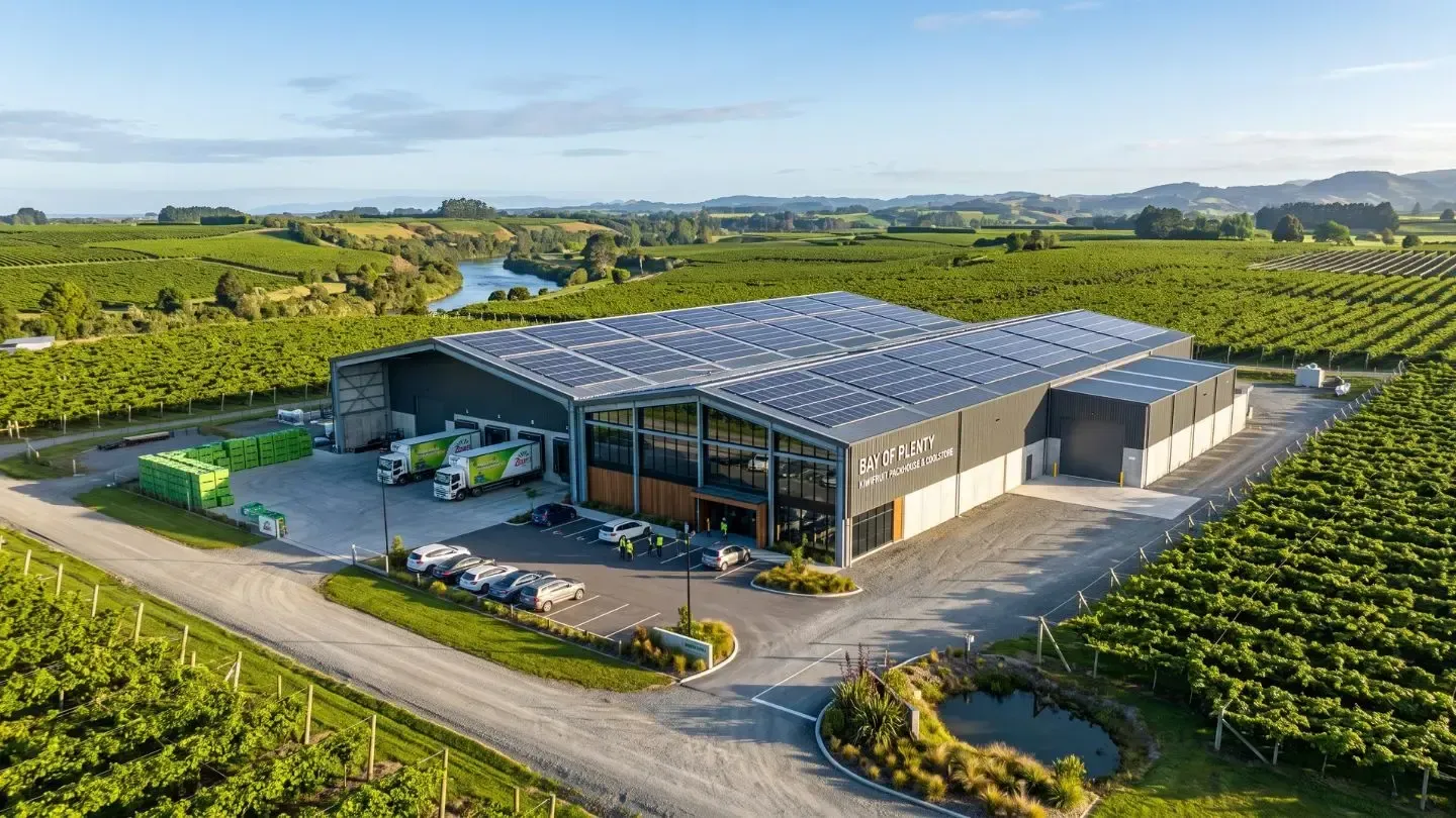 Modern glass-fronted farm building beside vineyards under a bright sky