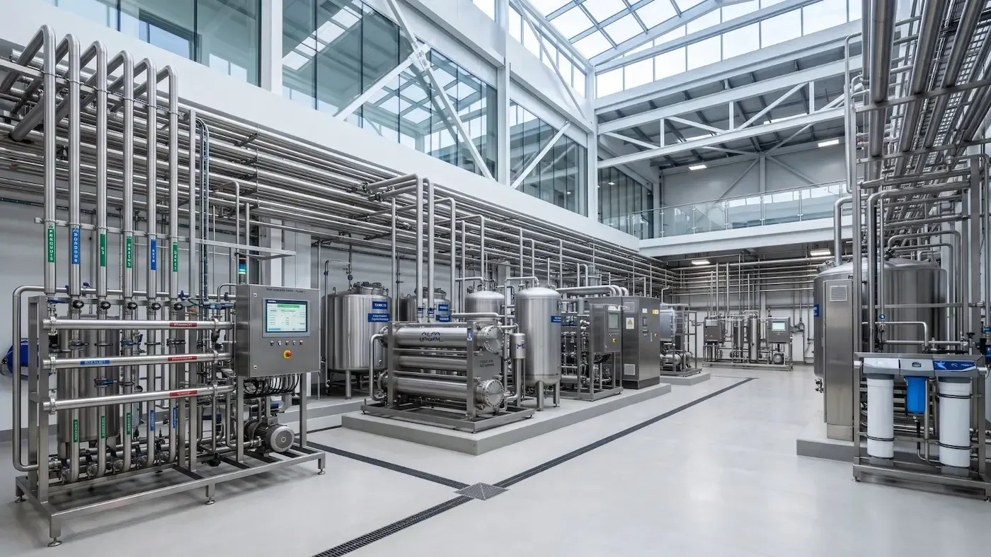 Bright industrial facility with stainless steel pipes and processing equipment under a skylit ceiling.