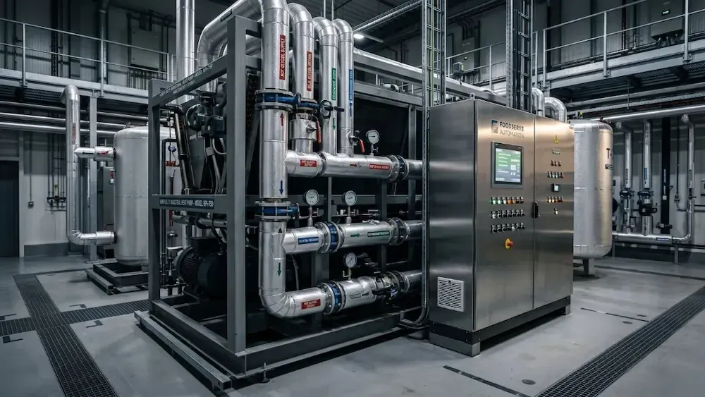 Industrial control room with stainless steel piping, pumps, and a silver control cabinet in a factory basement