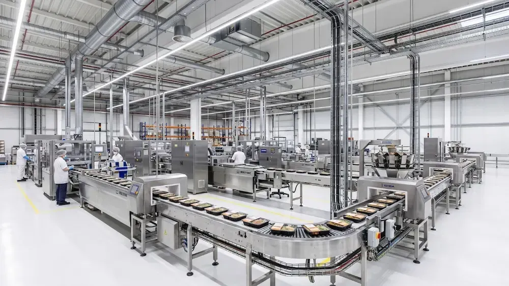 Bright industrial factory with automated conveyor lines and metal machinery in a spacious white production hall