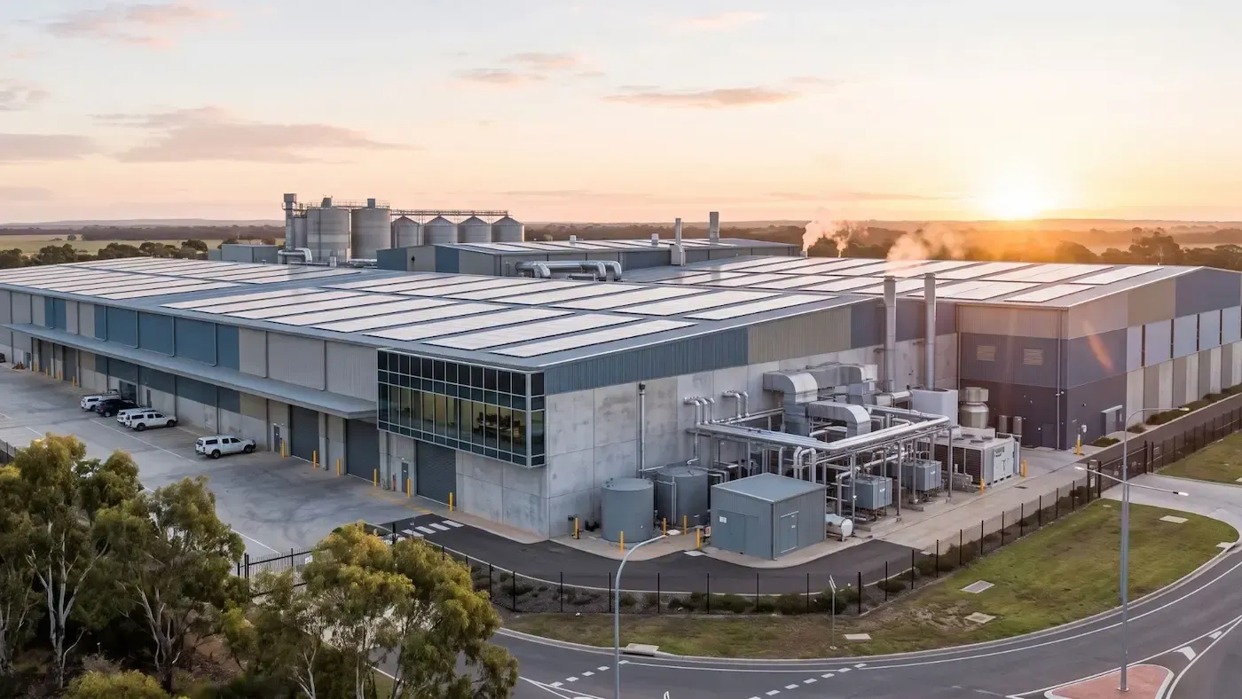Large industrial warehouse complex at sunset with rooftop equipment and surrounding trees