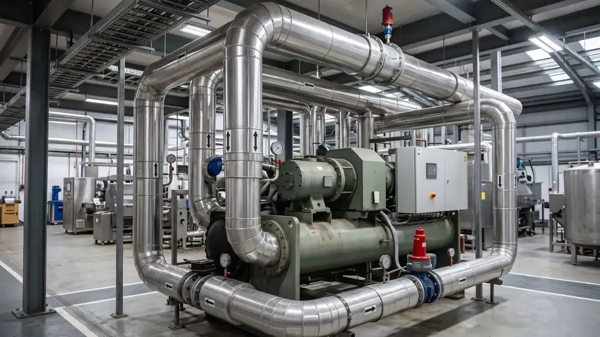 Industrial mechanical room with large metal pipes and green machinery inside a factory building