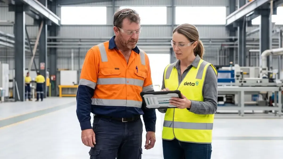 Two workers in hi-vis vests reviewing a tablet inside a factory.