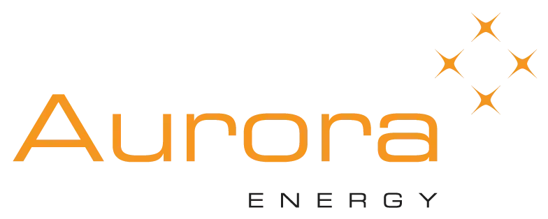 Aurora Energy logo in orange and black with three orange stars