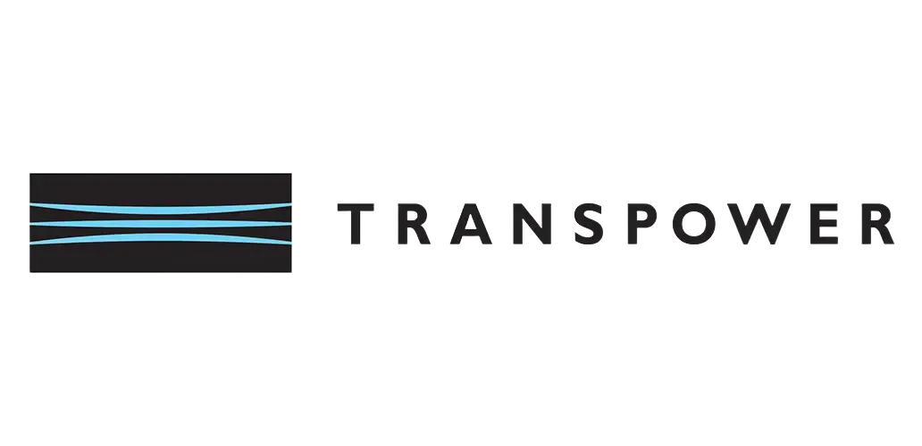 Transpower logo: black wordmark with blue horizontal lines on white background