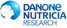 the logo for danone nutricia research shows a woman 's head in a blue circle .