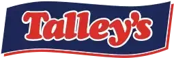 the talley 's logo is red and white on a blue background