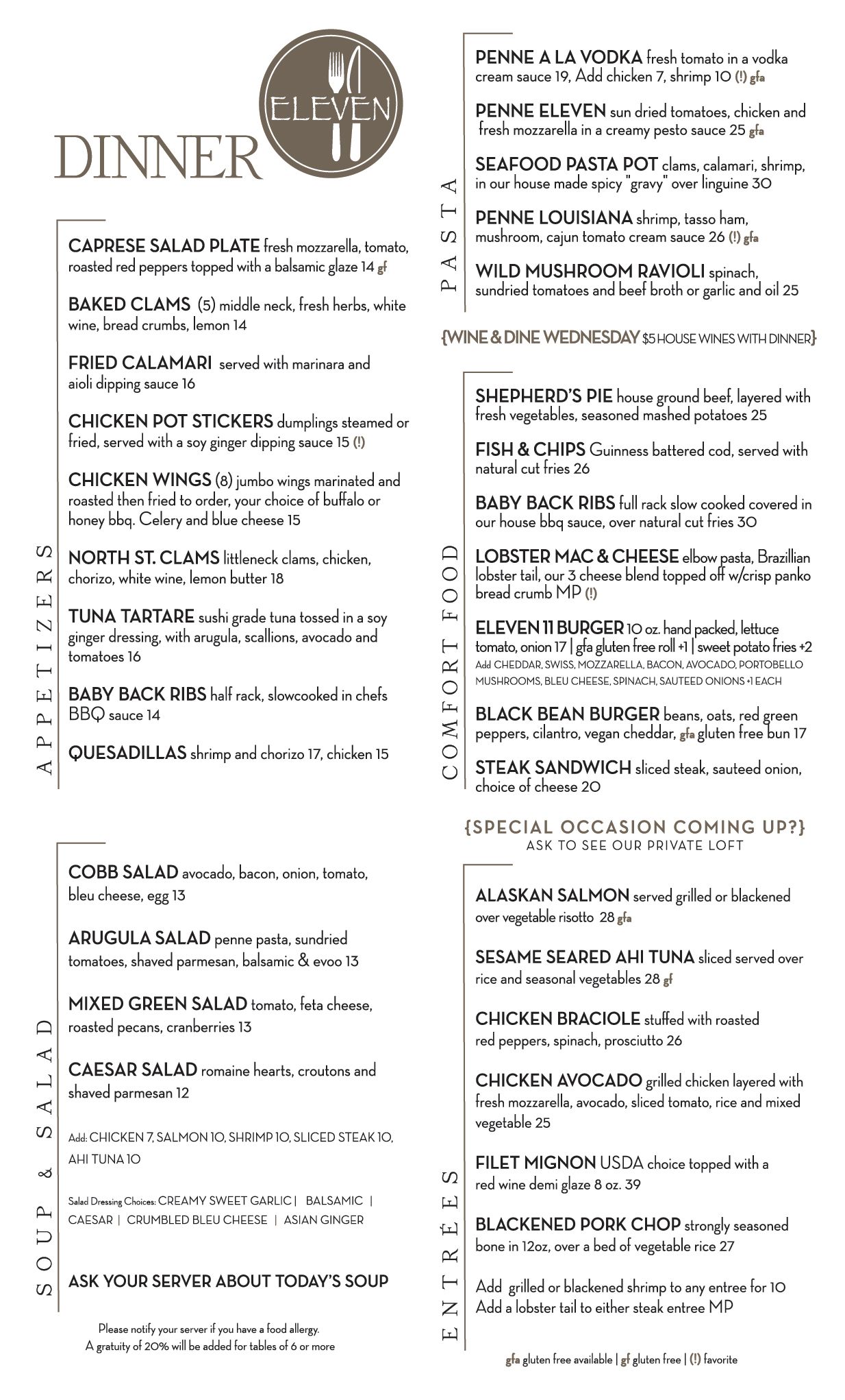 Eleven 11 Bar & Restaurant - Village of Fishkill, New York - Dinner Menu