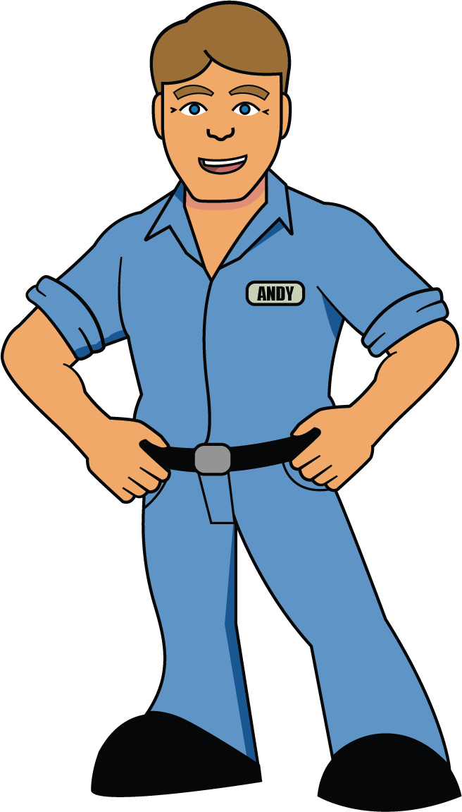 A cartoon of a Stoneback Appliance man in a blue jumpsuit with the word Andy on his chest