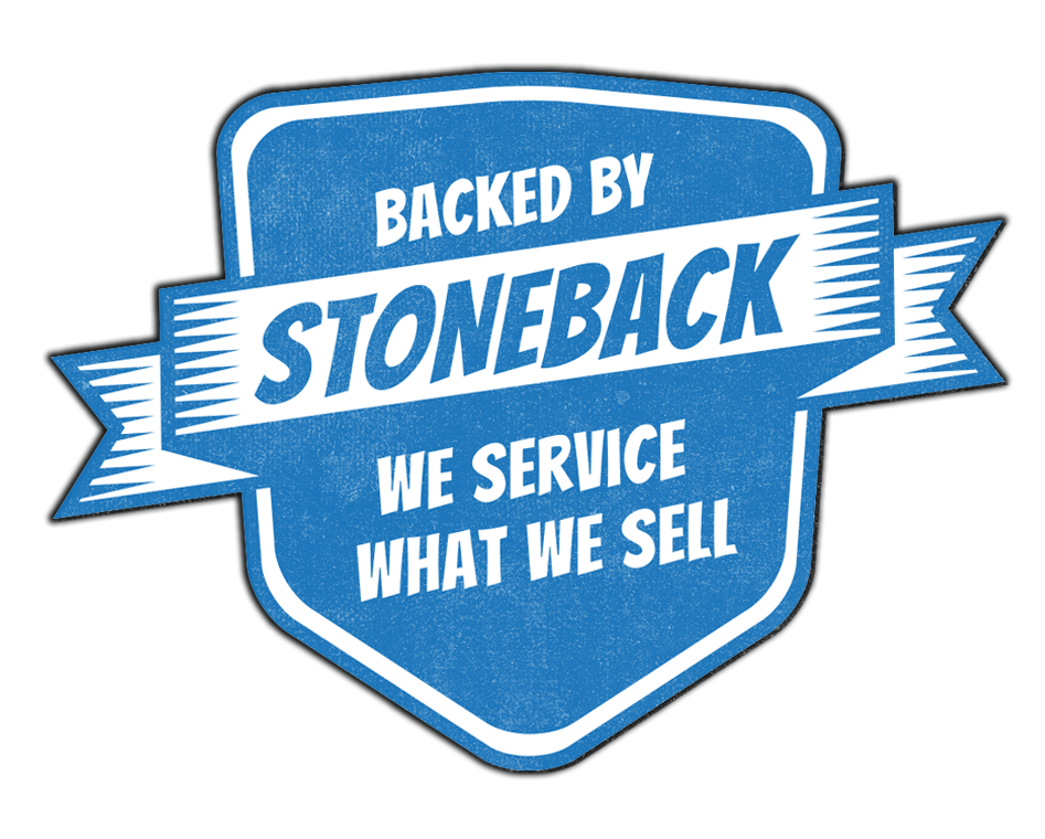 A blue sign that says backed by stoneback we service what we sell