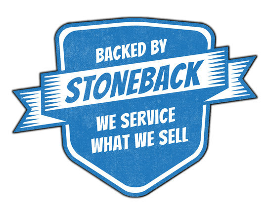 A blue sign by Stoneback Appliance in Lawrence Kansas that says backed by stoneback we service what we sell