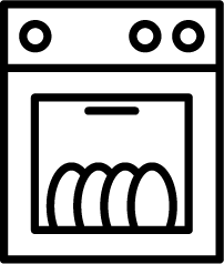 A black and white icon of an oven with plates in it.