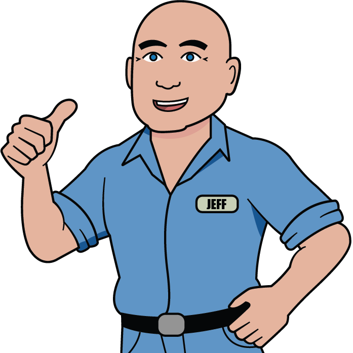 A cartoon of a bald man with the name jeff on his shirt