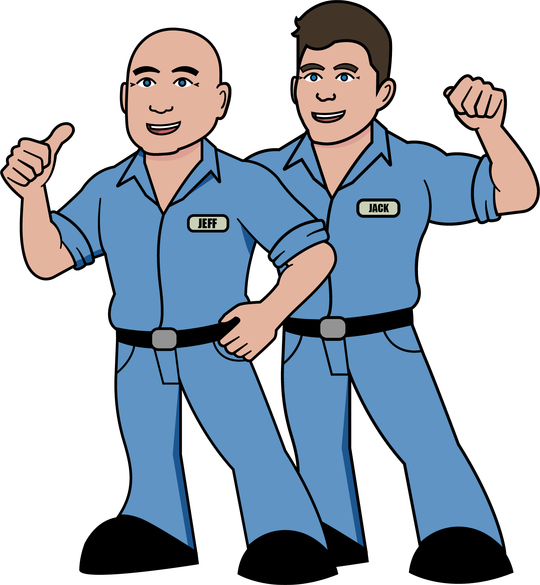 A cartoon of two Stoneback Appliance men standing next to each other with Jack and Jeff on their shirts