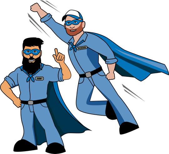 A cartoon illustration of two Stoneback Appliance men dressed as superheroes