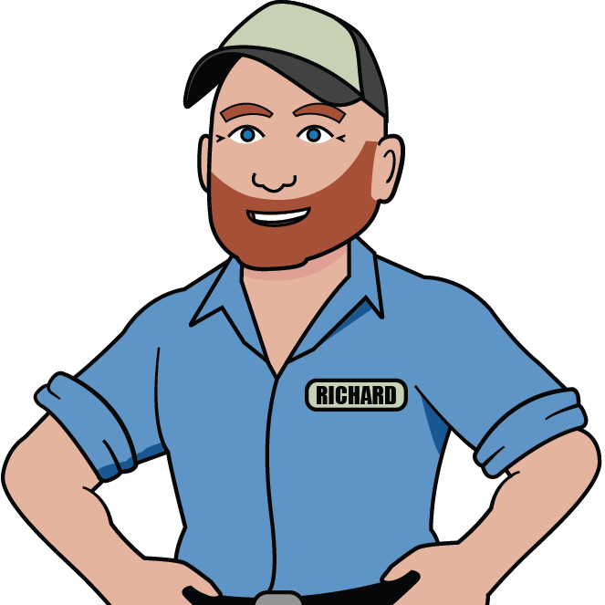 A man with a beard is wearing a blue shirt with the name richard on it