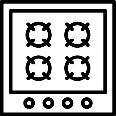 A black and white icon of a gas stove with four burners.