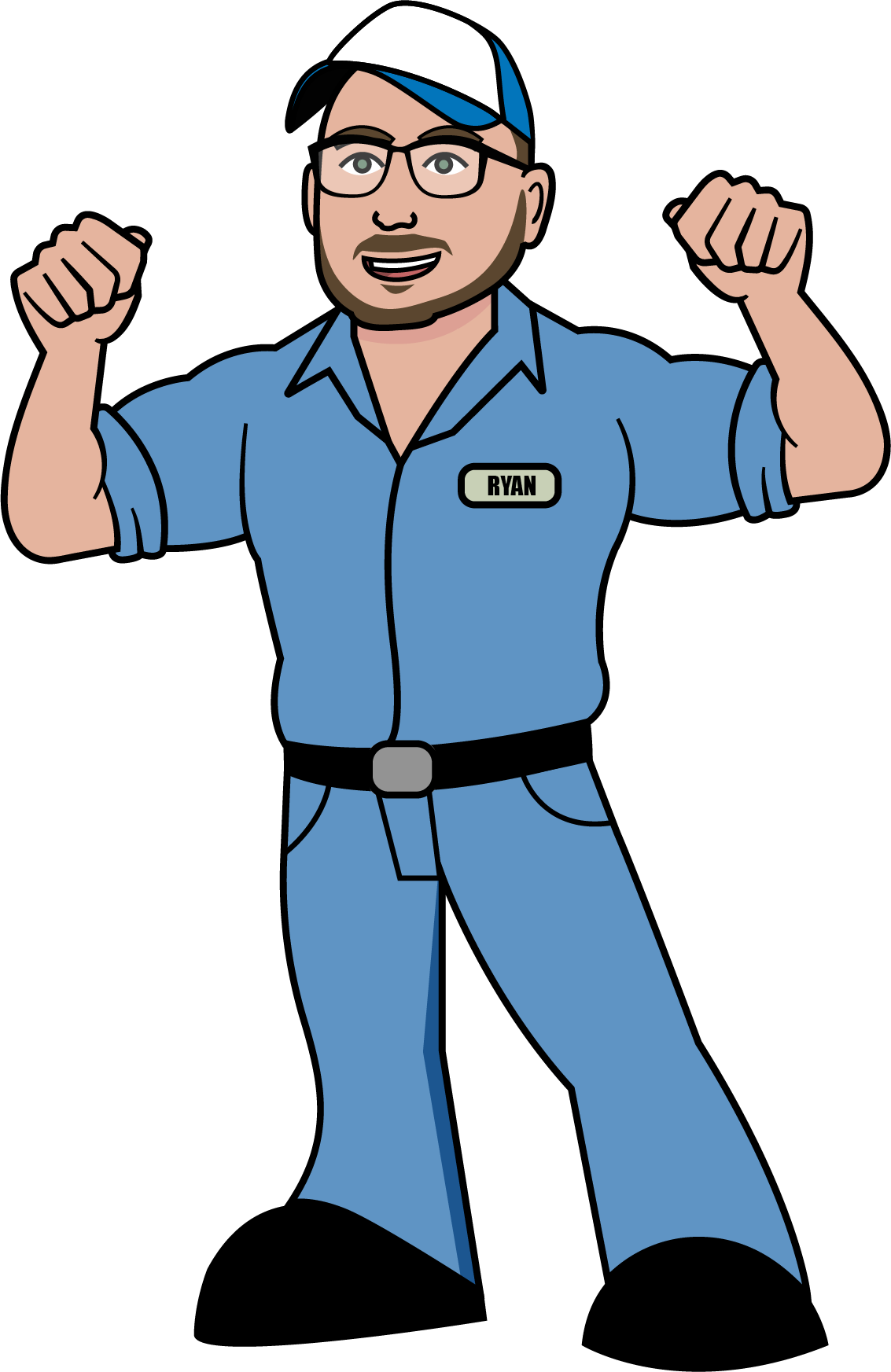A cartoon of a man in a blue shirt and hat flexing his muscles.