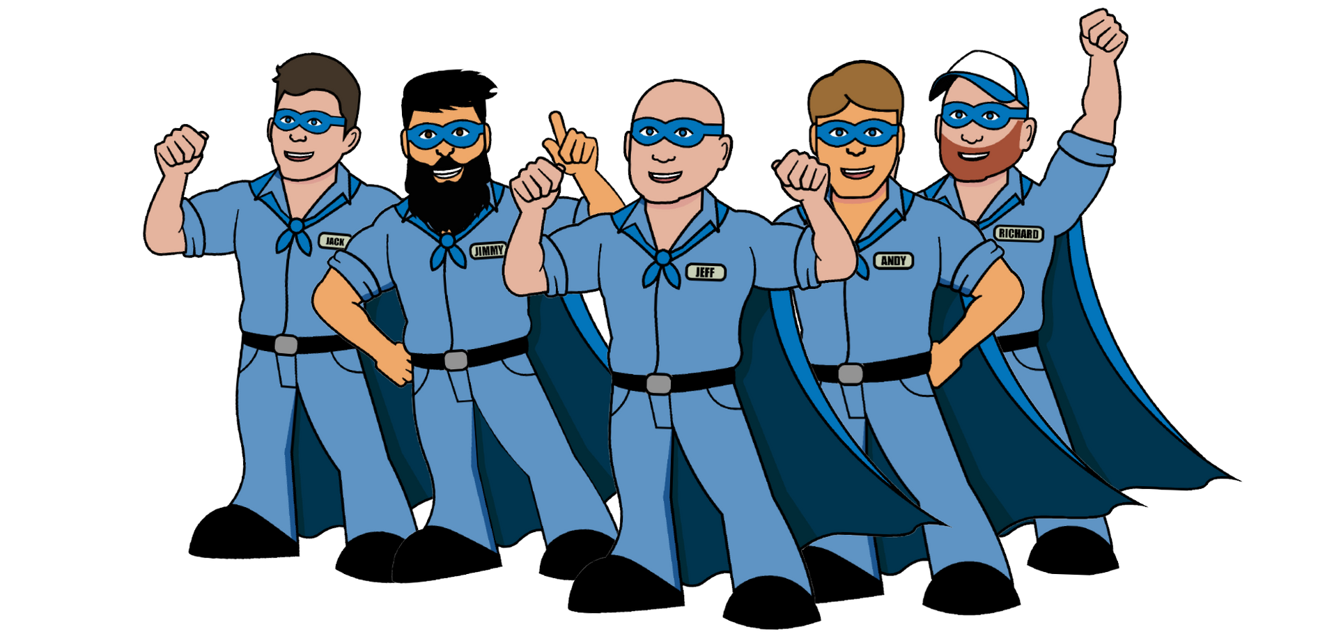 A group of Stoneback Appliance men in blue uniforms and capes are standing next to each other.