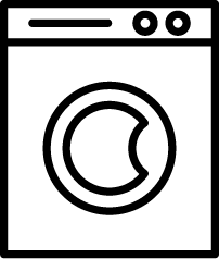 A black and white washing machine icon with a circle in the middle.