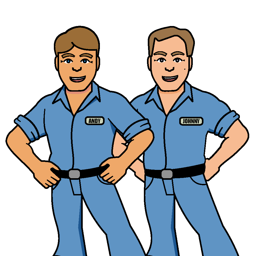 Cartoon of stoneback employees in blue uniforms with name tags. Posing with hands on hips.