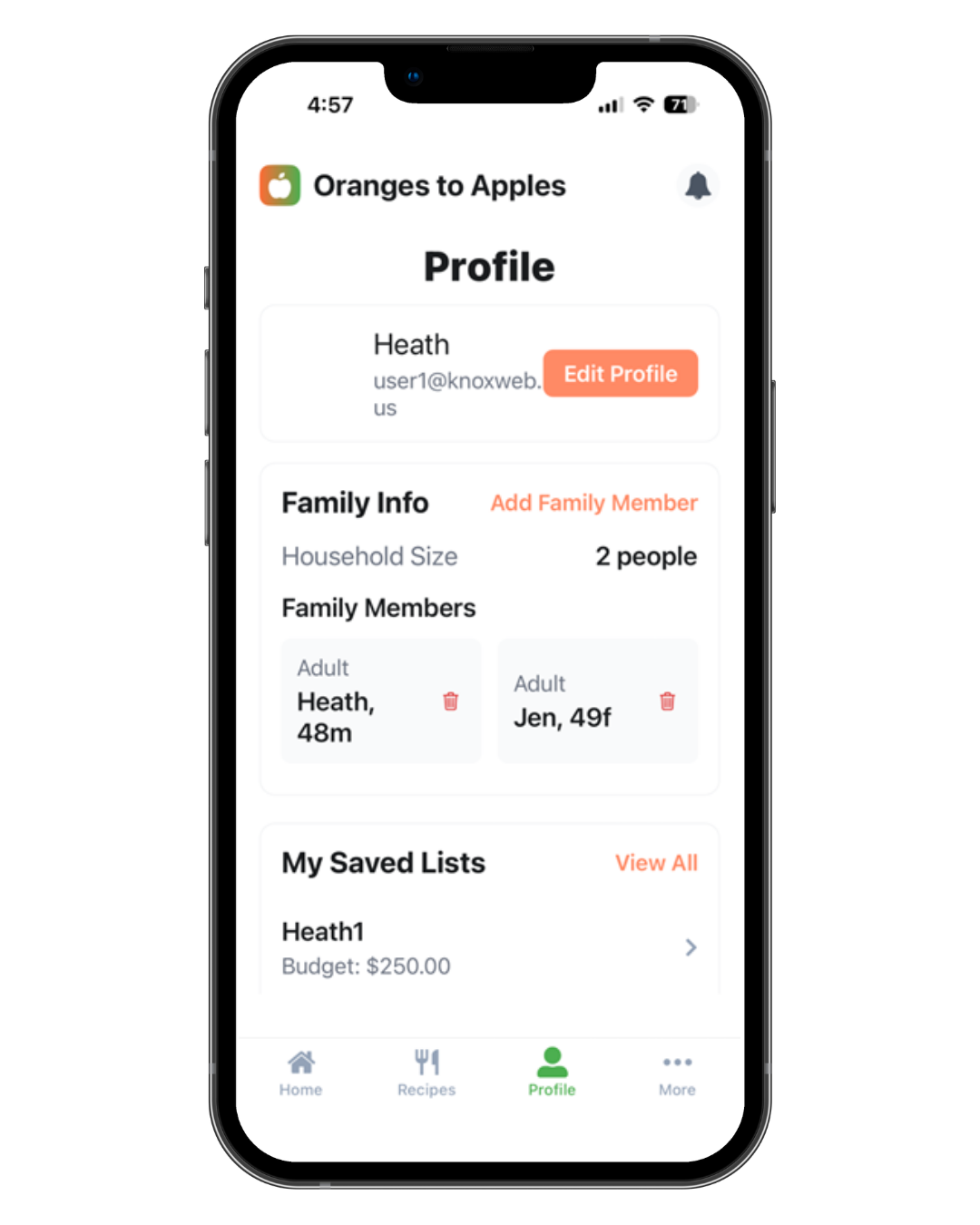 Mobile app profile screen for “Oranges to Apples” showing family info and saved lists.