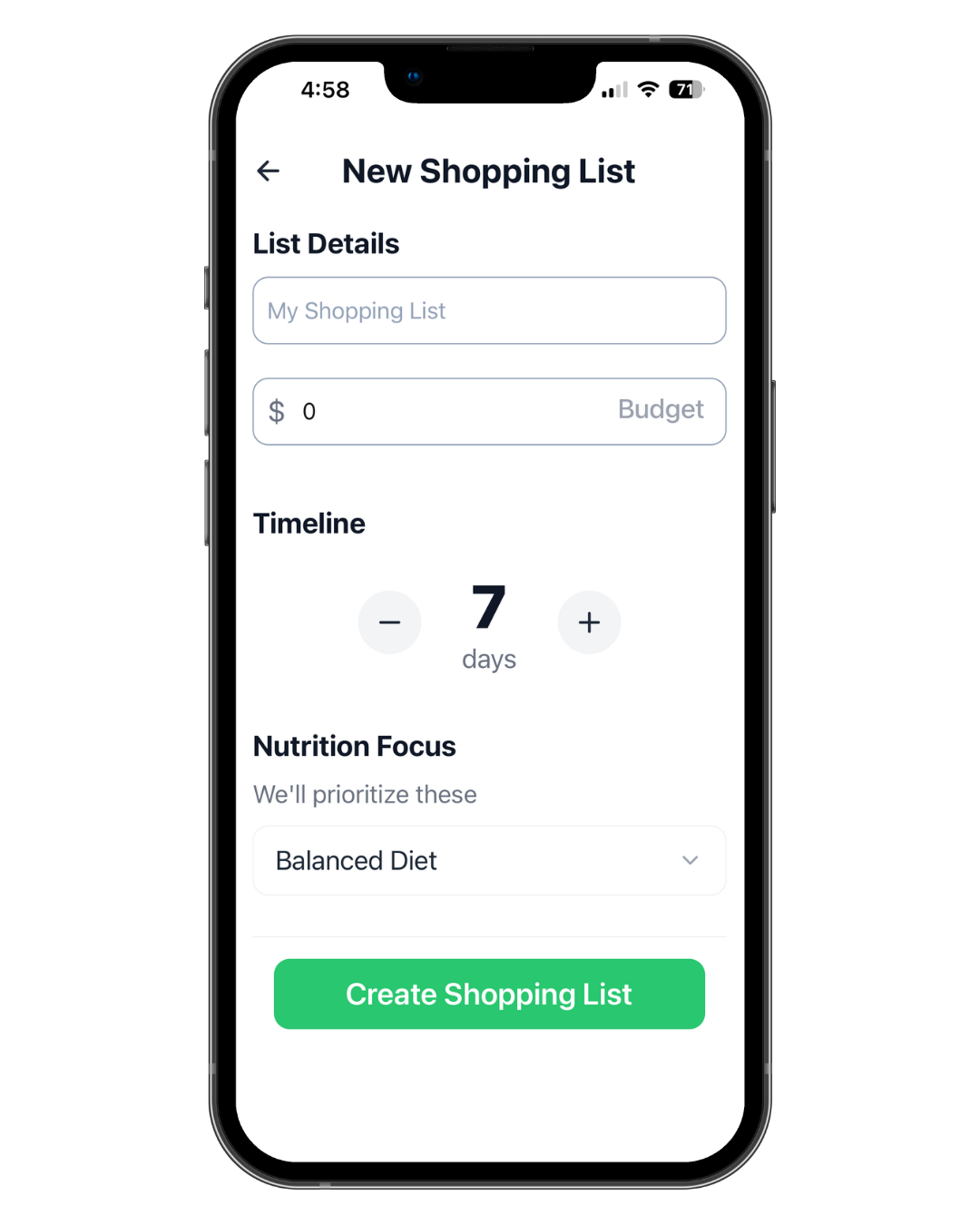 Mobile app screen for creating a shopping list, with timeline, nutrition focus, and green “Create Shopping List” button